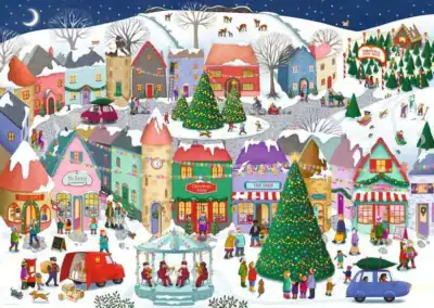 Ravensburger Christmas Town palapeli 1000 palaa vie tunnelmalliseen joulukaupunkiin. Emma Allenin kuvittama joulupalapeli