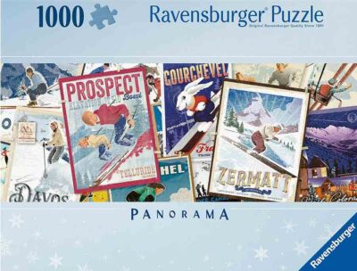 Ravensburger Vintage Ski Posters palapeli 1000 palaa (Retro Skiing) yhdistää nostalgiset hiihtojulisteet, alppimaisemat ja talviurheilun historian vintage palapeli