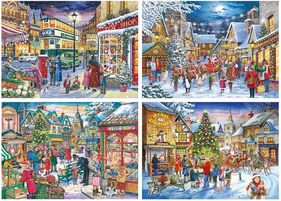 House of Puzzles Christmas Shopping palapelit sisältää neljä erillistä 500 palan palapeliä