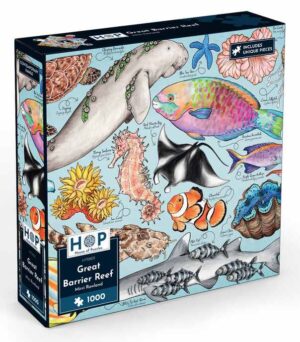 Great Barrier Reef palapeli on House of Puzzlesin 1000 palan palapeli, jossa Mirri Rowlandin värikäs kuvitus meren eläimet palapeli