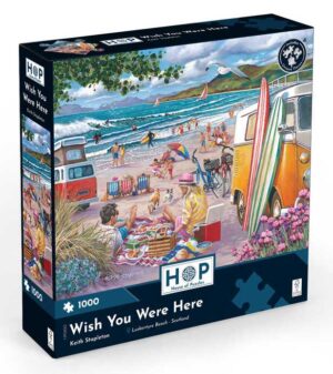House of Puzzles Wish You Were Here 1000 palan palapeli vie aurinkoiselle rannalle, kuvitus Keith Stapleton