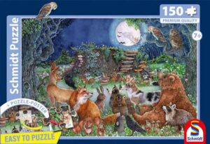 Schmidt Spielen Woodland Symphony palapeli 150 palaa, jossa metsän eläimet ihastelevat kuutamoa. lasten palapeli