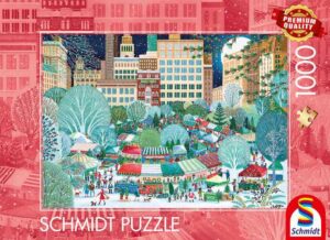 Schmidt Winter Wonderland palapeli 1000 palaa vie satumaiseen talvimaisemaan, jossa lumiset puut, joulutori, kaupungin rakennukset