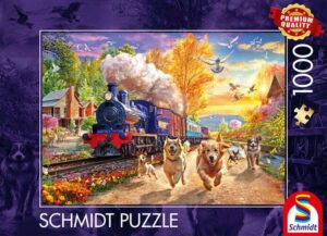 Schmidt Full Steam Ahead palapeli 1000 palaa vie koirien ja höyryjunan riemukkaaseen kilpajuoksuun.