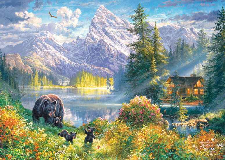 Schmidt Mountain Idyll palapeli 1000 palaa vie kokoajan rauhalliseen vuoristomaisemaan, jossa karhuperhe maisemapalapeli