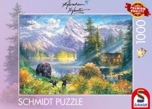 Schmidt Mountain Idyll palapeli 1000 palaa vie kokoajan rauhalliseen vuoristomaisemaan, jossa karhuperhe