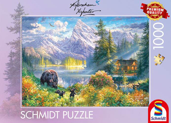 Schmidt Mountain Idyll palapeli 1000 palaa vie kokoajan rauhalliseen vuoristomaisemaan, jossa karhuperhe