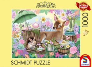 Schmidt Spring Dream palapeli 1000 palaa vie satumaiseen kevätmaisemaan, jossa peuranvasa, kani ja ankanpoikanen lepäävät
