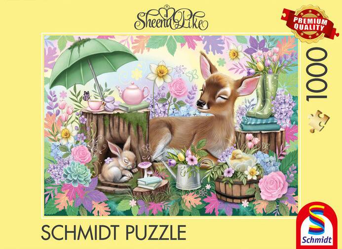 Schmidt Spring Dream palapeli 1000 palaa vie satumaiseen kevätmaisemaan, jossa peuranvasa, kani ja ankanpoikanen lepäävät