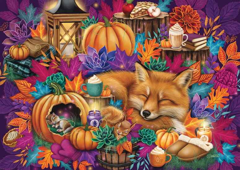 Schmidt Autumn Dream palapeli 1000 palaa jatkaa Sheena Piken vuodenaikasarjaa syksyn lämpimissä sävyissä. Kettu, hiiri ja orava lepäävät syksyisessä metsässä, syksy palapeli