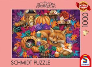 Schmidt Autumn Dream palapeli 1000 palaa jatkaa Sheena Piken vuodenaikasarjaa syksyn lämpimissä sävyissä. Kettu, hiiri ja orava lepäävät syksyisessä metsässä