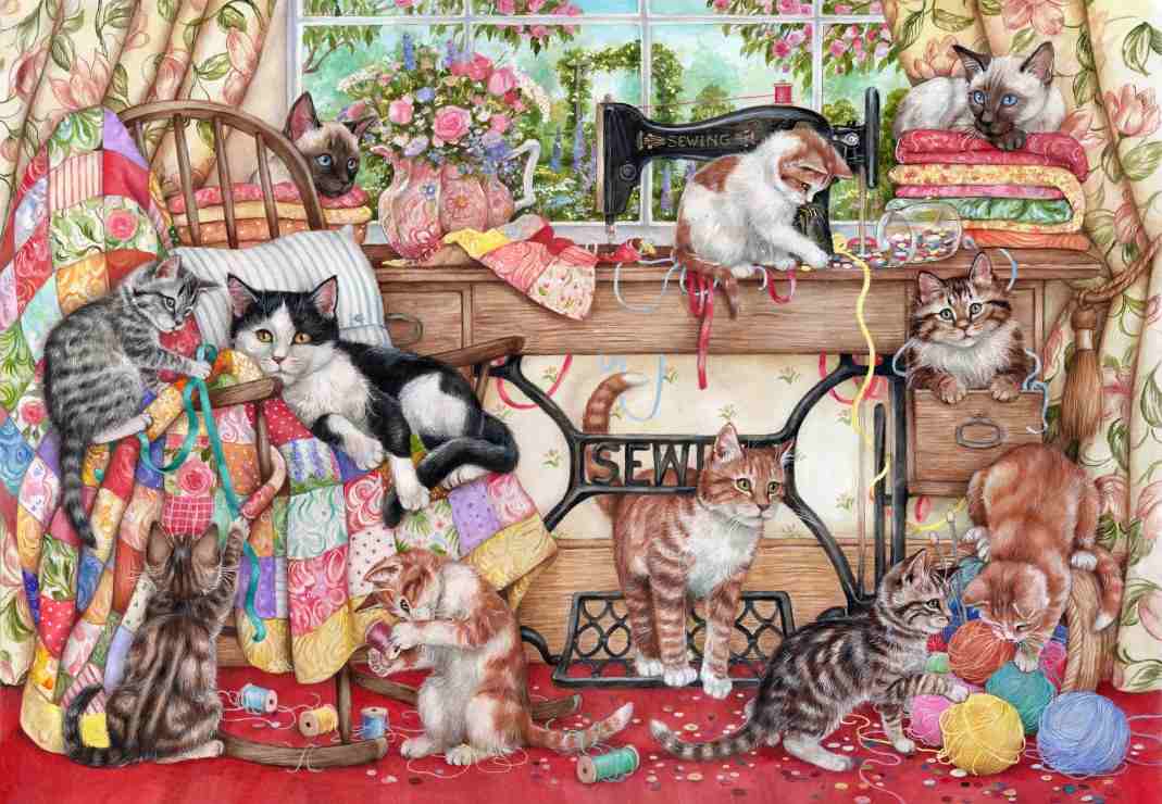 Grafika The Sewing Room palapeli 1000 palaa ompeluhuone palapeli ja kissat palapeli